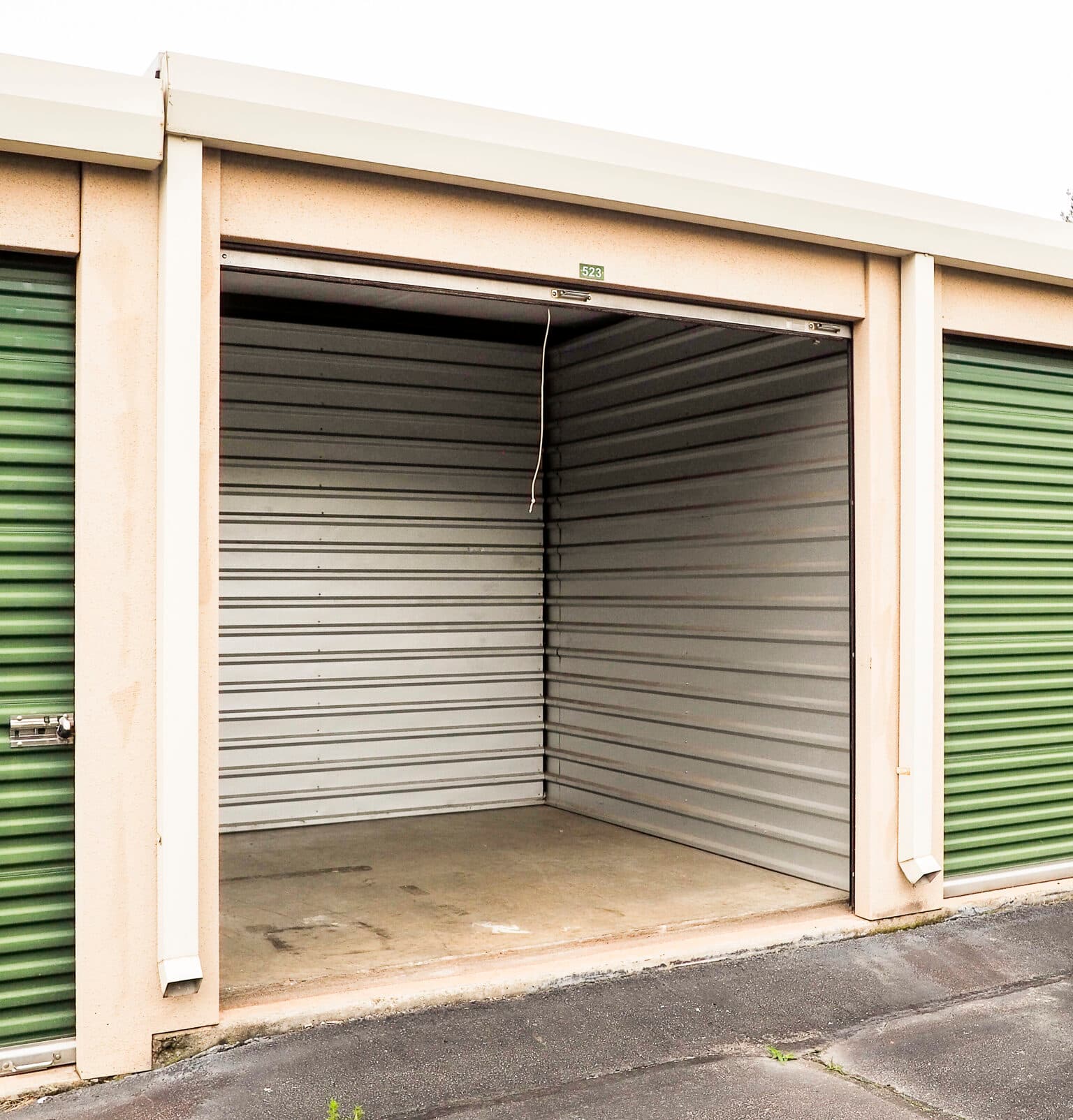 Open, empty drive-up storage unit