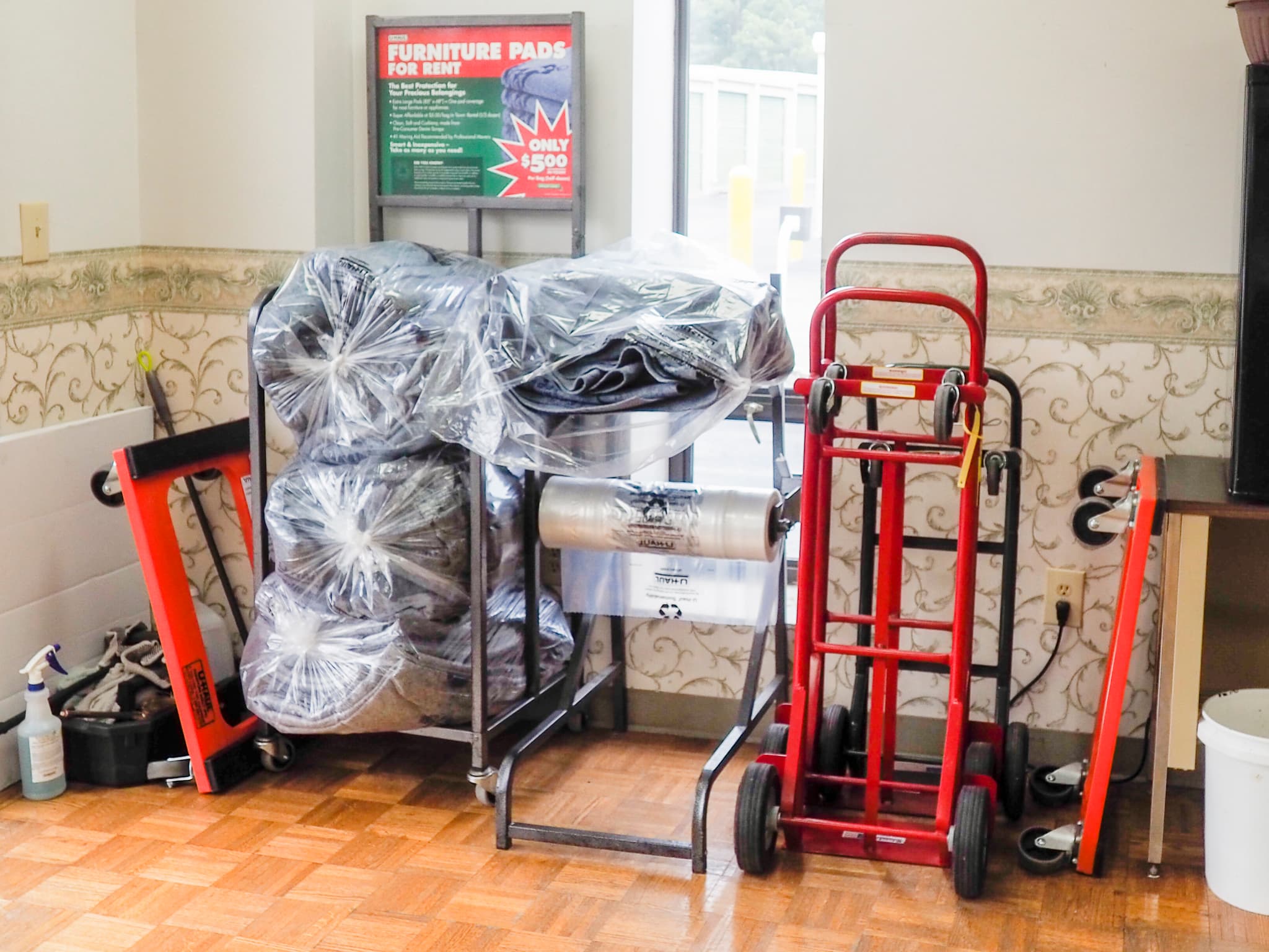Furniture pads, hand trucks, and furniture dollies available in the office